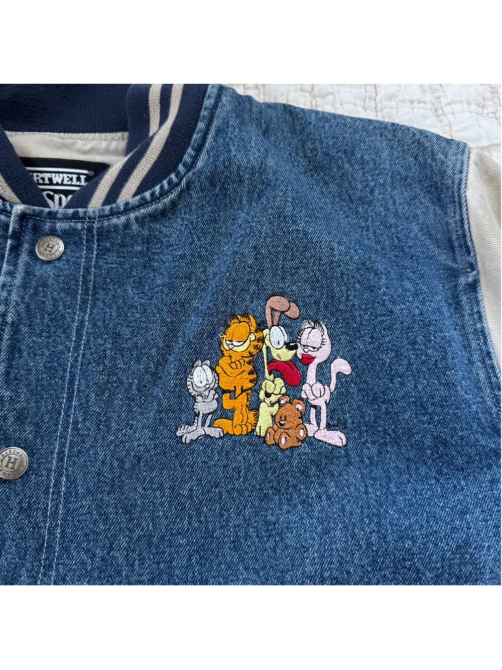 Vintage Hartwell ViaSport Garfield Varsity Bomber Denim Jacket • Size: L - Picture 3 of 10